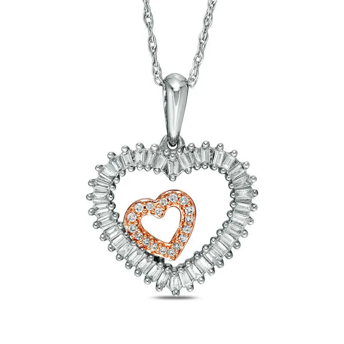 02 CT TW Baguette and Round Natural Diamond Double Heart Pendant in 10K White Gold and 18K Rose Gold Plate Goldia Necklaces 02 CT TW Baguette and Round Natural Diamond Double Heart Pendant in 10K White Gold and 18K Rose Gold Plate Goldia Necklaces