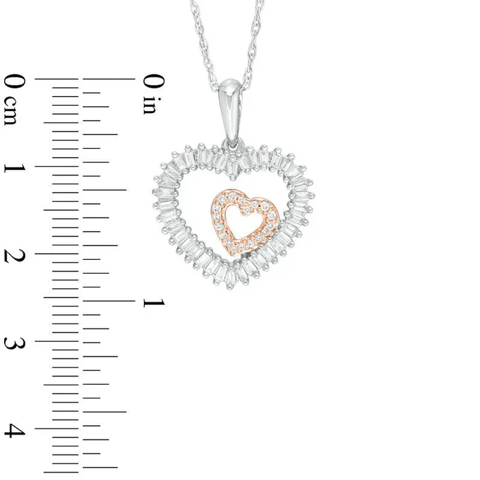 02 CT TW Baguette and Round Natural Diamond Double Heart Pendant in 10K White Gold and 18K Rose Gold Plate Goldia Necklaces 02 CT TW Baguette and Round Natural Diamond Double Heart Pendant in 10K White Gold and 18K Rose Gold Plate Goldia Necklaces