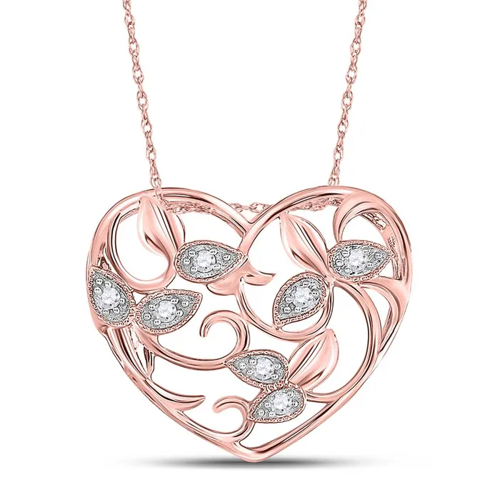 gndatlanta Necklaces 14k Rose Gold Round Diamond Floral Heart Pendant 16 Cttw