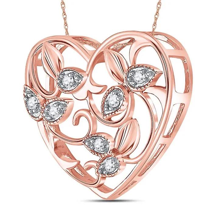 gndatlanta Necklaces 14k Rose Gold Round Diamond Floral Heart Pendant 16 Cttw