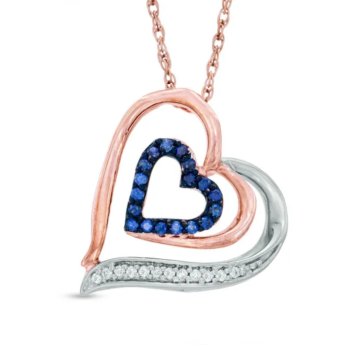 Goldia LabCreated Blue Sapphire and 005 CT TW Diamond Double Heart Pendant in Sterling Silver and 10K Rose Gold Necklaces Goldia LabCreated Blue Sapphire and 005 CT TW Diamond Double Heart Pendant in Sterling Silver and 10K Rose Gold Necklaces