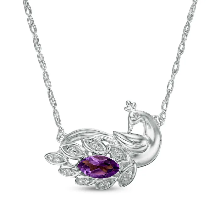 Goldia Necklaces Marquise Amethyst and Natural Diamond Accent Peacock Necklace in Sterling Silver Goldia Necklaces Marquise Amethyst and Natural Diamond Accent Peacock Necklace in Sterling Silver
