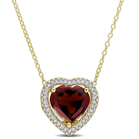 JMS always Necklaces Original AMOUR 3 45 CT TGW Garnet and 15 TW Diamond Halo Heart Necklace with Chain In Yellow Plated Sterling Silver JMS always Necklaces Original AMOUR 3 45 CT TGW Garnet and 15 TW Diamond Halo Heart Necklace with Chain In Yellow Plated Sterling Silver