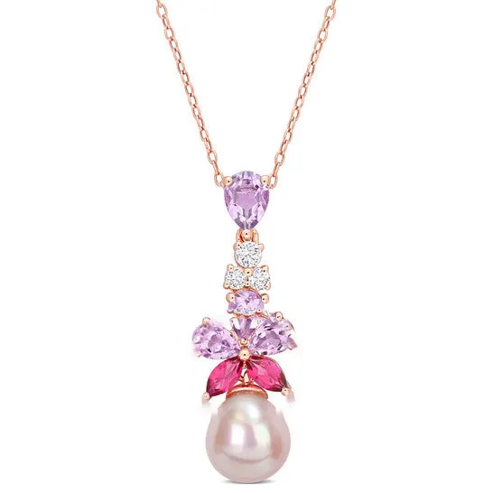 JMS always Original AMOUR 9510mm Pink Freshwater Cultured Pearl 2 38 CT TGW Rose De France and White and Pink Topaz Floral Drop Pendant In Rose Plated Sterling Silver Necklaces JMS always Original AMOUR 9510mm Pink Freshwater Cultured Pearl 2 38 CT TGW Rose De France and White and Pink Topaz Floral Drop Pendant In Rose Plated Sterling Silver Necklaces