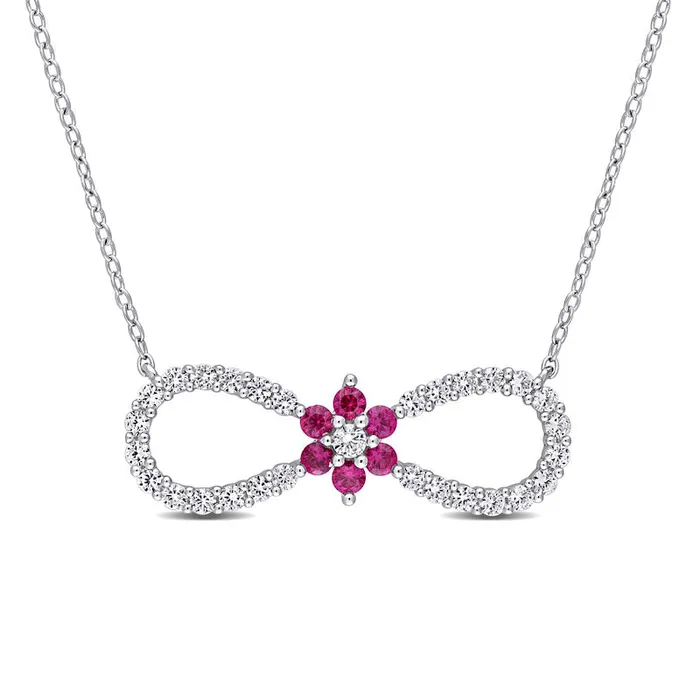 LabCreated Ruby and White Sapphire Infinity with Flower Necklace in Sterling Silver 17 Goldia Necklaces LabCreated Ruby and White Sapphire Infinity with Flower Necklace in Sterling Silver 17 Goldia Necklaces