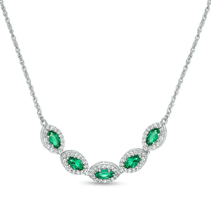 Marquise LabCreated Emerald and White Sapphire Frame Five Stone Necklace in Sterling Silver Goldia Necklaces Marquise LabCreated Emerald and White Sapphire Frame Five Stone Necklace in Sterling Silver Goldia Necklaces