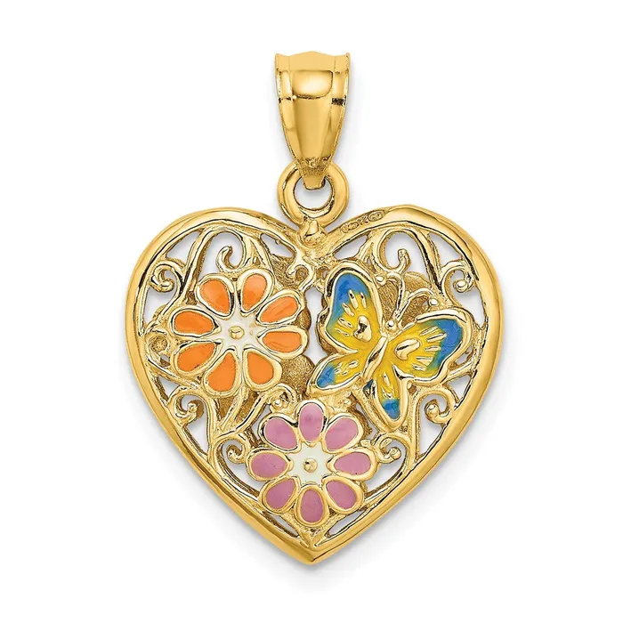 Necklaces Goldia 14k Yellow Gold 3D Reversible Enamel Butterfly and Flowers Heart Pendant Necklaces Goldia 14k Yellow Gold 3D Reversible Enamel Butterfly and Flowers Heart Pendant