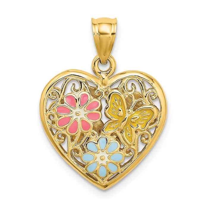 Necklaces Goldia 14k Yellow Gold 3D Reversible Enamel Butterfly and Flowers Heart Pendant