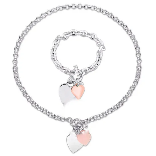 Original AMOUR 2 Piece Set Of Heart Charm Bracelet and Necklace In TwoTone Rose and White Sterling Silver JMS always Necklaces