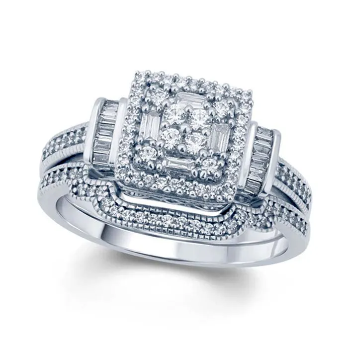 Rings Goldia 050 CT TW Baguette and Round Composite Natural Diamond Square Frame Bridal Engagement Ring Set in Solid 10K White Gold