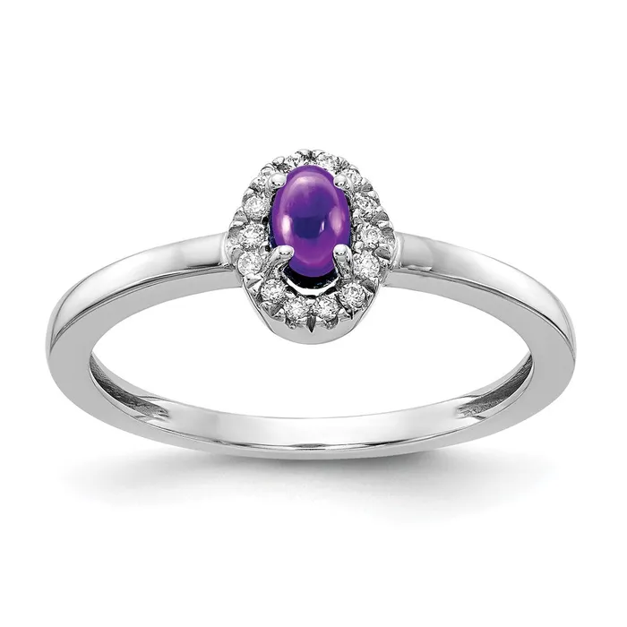 Solid 14k White Gold Simulated CZ and Oval Cabochon Amethyst Ring Goldia Rings