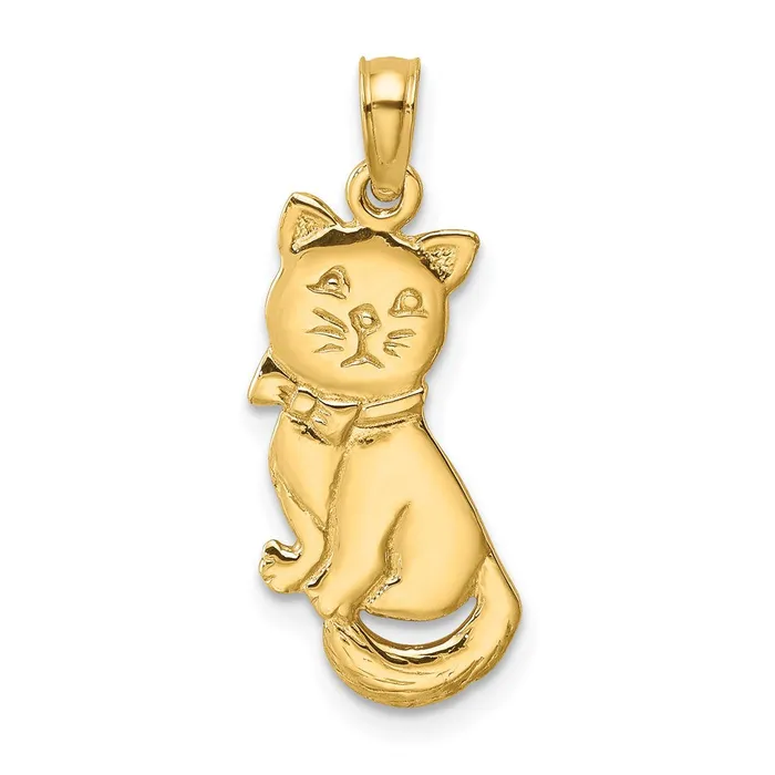 14K 3D Polished and Bow Sitting Cat Charm TreasureFineJewelers Charm Necklaces