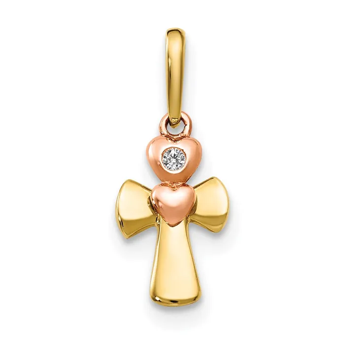 14k Twotone Yellow and Rose Gold CZ Childrens Cross Heart Pendant TreasureFineJewelers Necklaces