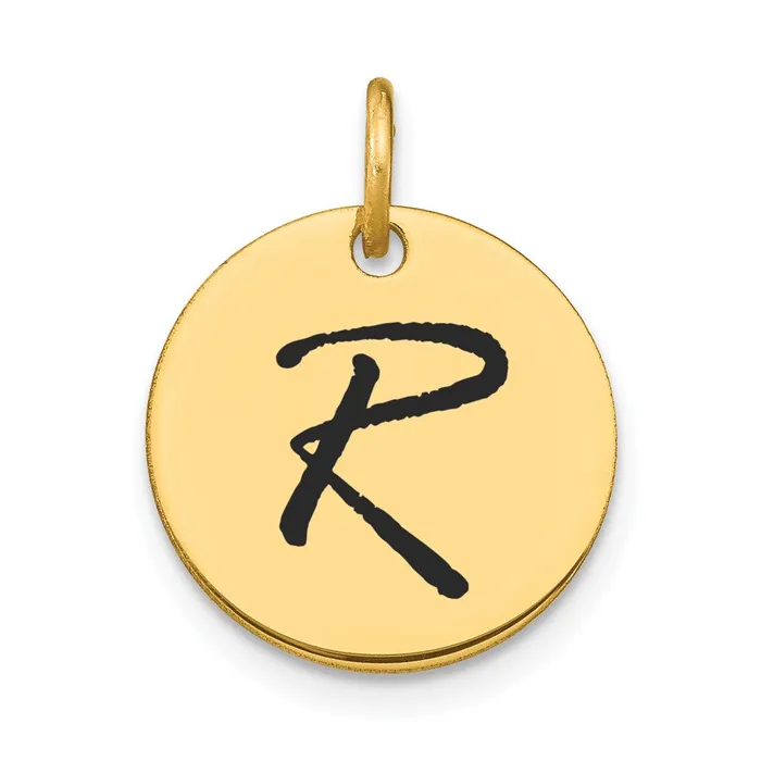 14k Yellow Gold Polished Black Enamel Letter R Initial Disk Charm TreasureFineJewelers Charm Necklaces