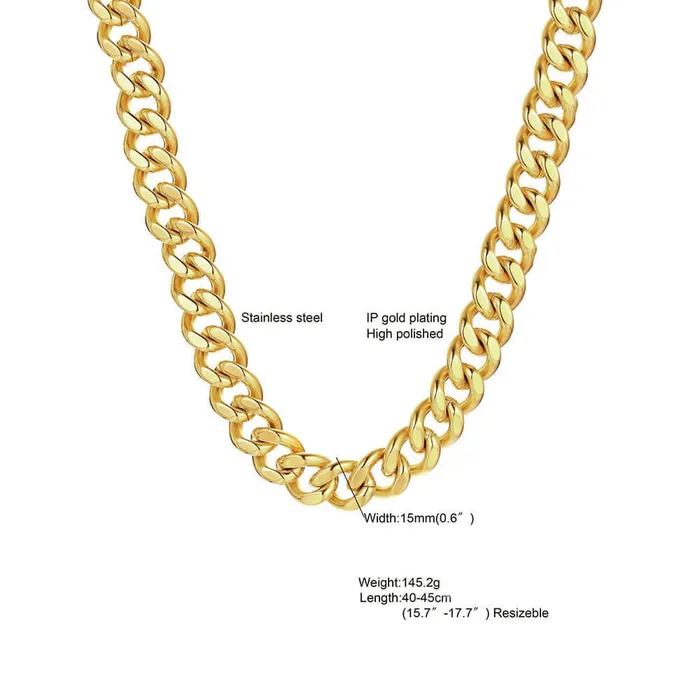 Necklaces Cuban Chain 1215mm Width 24K Gold Plated Chain Necklace Chain Bracelet Trendolla Jewelry