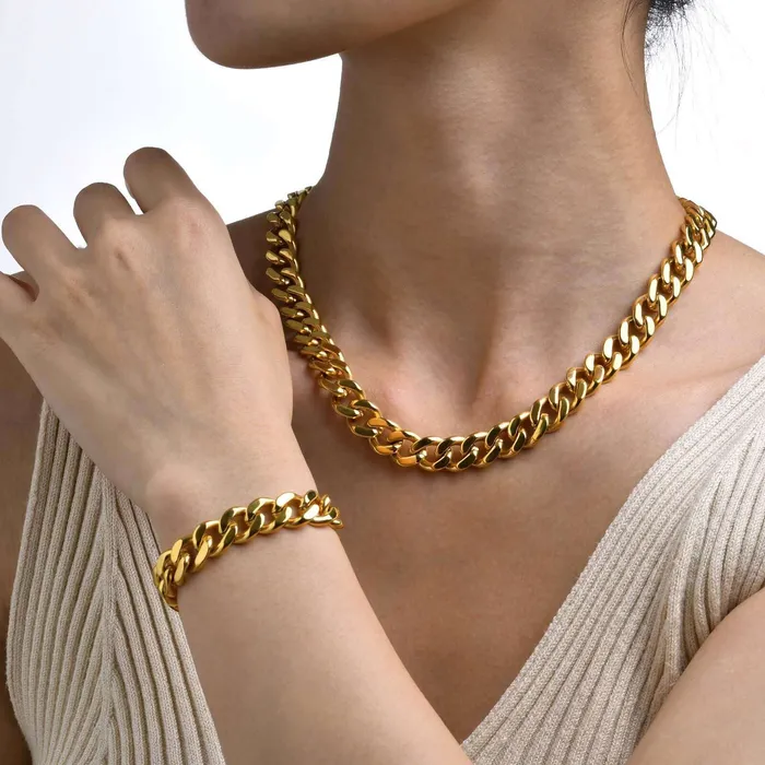 Necklaces Cuban Chain 1215mm Width 24K Gold Plated Chain Necklace Chain Bracelet Trendolla Jewelry