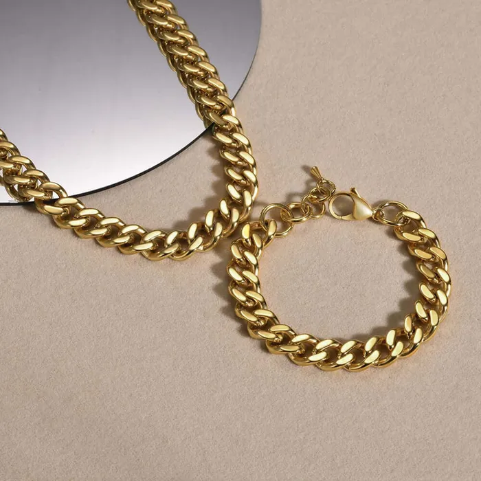 Necklaces Cuban Chain 1215mm Width 24K Gold Plated Chain Necklace Chain Bracelet Trendolla Jewelry