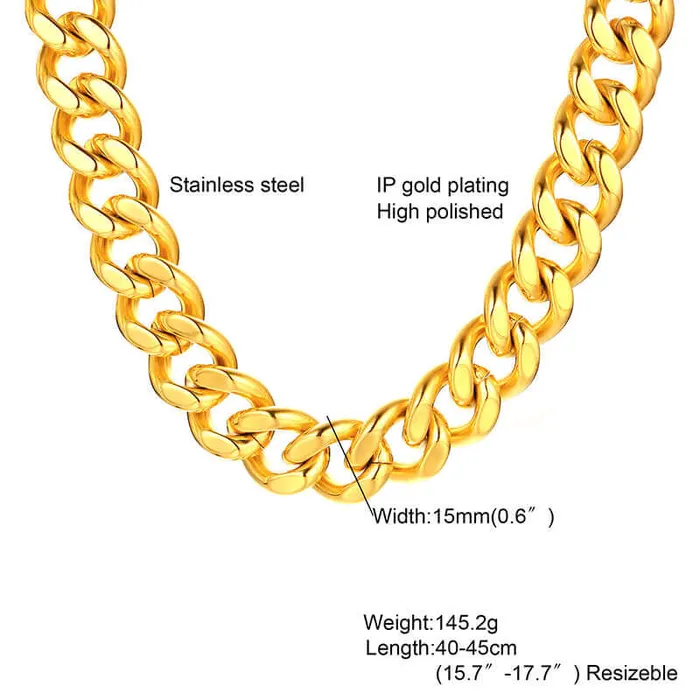 Necklaces Cuban Chain 1215mm Width 24K Gold Plated Chain Necklace Chain Bracelet Trendolla Jewelry