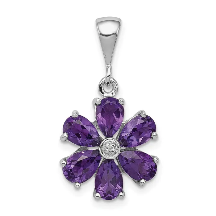 Necklaces Sterling Silver Rhodium Plated Amethyst and Diamond Flower Pendant TreasureFineJewelers