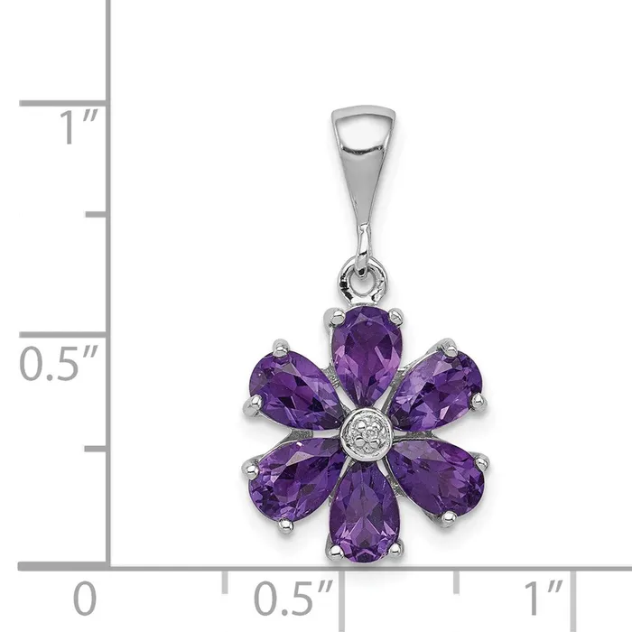 Necklaces Sterling Silver Rhodium Plated Amethyst and Diamond Flower Pendant TreasureFineJewelers