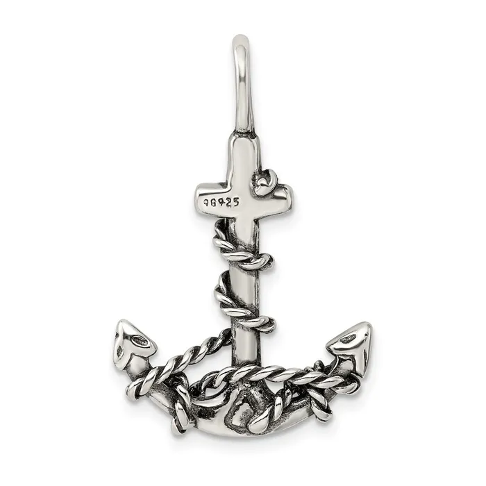 Necklaces TreasureFineJewelers Sterling Silver 3D Antiqued Anchor and Rope Pendant