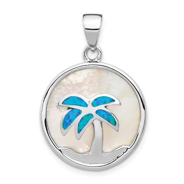 Necklaces TreasureFineJewelers Sterling Silver Rhodplated MOP Created Opal Palm Tree Pendant Necklaces TreasureFineJewelers Sterling Silver Rhodplated MOP Created Opal Palm Tree Pendant