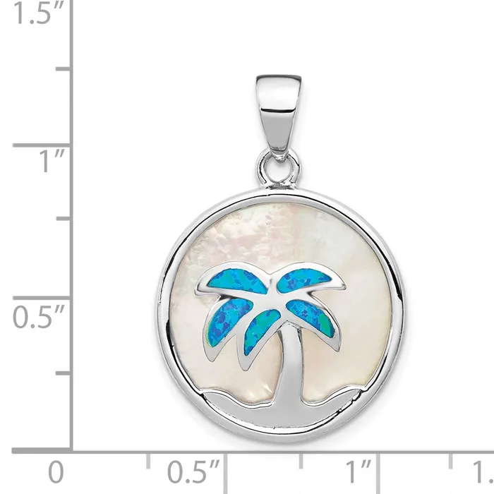 Necklaces TreasureFineJewelers Sterling Silver Rhodplated MOP Created Opal Palm Tree Pendant