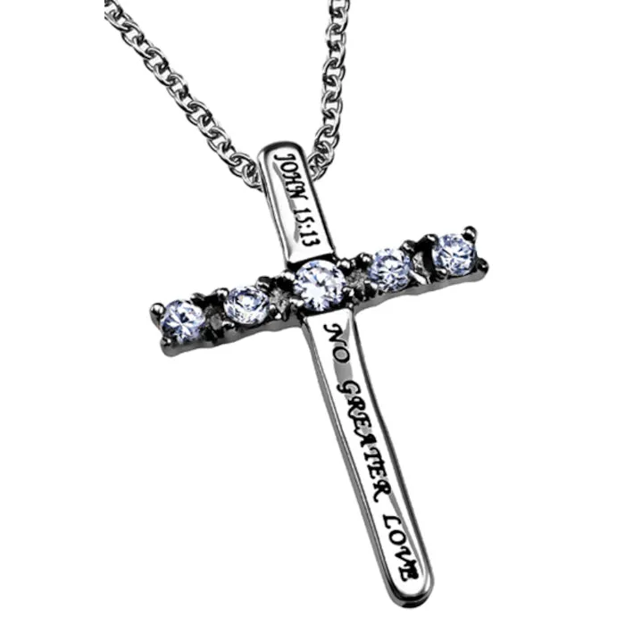 North Arrow Shop Necklaces NO GREATER LOVE Cross Necklace with Bible Verse Steel CZ Stones North Arrow Shop Necklaces NO GREATER LOVE Cross Necklace with Bible Verse Steel CZ Stones