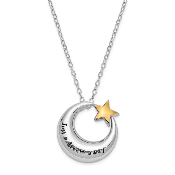 Sentimental Expressions Sterling Silver Rhodium Antiqued Just A Dream Away Moon with Goldtone Accent Star Ash Holder 18 Inch Necklace TreasureFineJewelers Necklaces