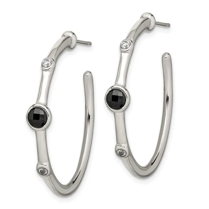 Stainless Steel Polished wBlack Onyx and CZ Post Hoop Earrings TreasureFineJewelers Earrings