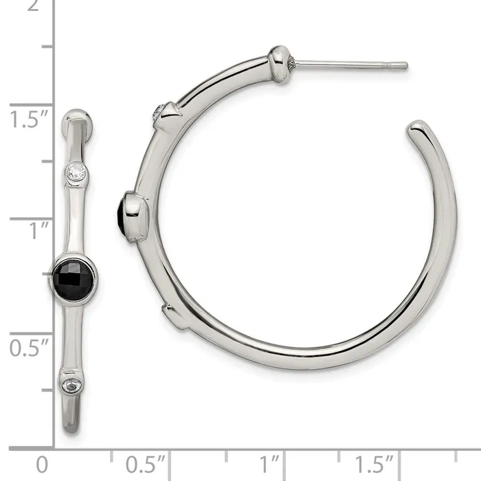 Stainless Steel Polished wBlack Onyx and CZ Post Hoop Earrings TreasureFineJewelers Earrings