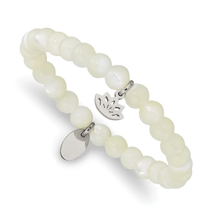 TreasureFineJewelers Bracelets Chisel Stainless Steel Polished Lotus 6mm Mother of Pearl Beaded Stretch Bracelet