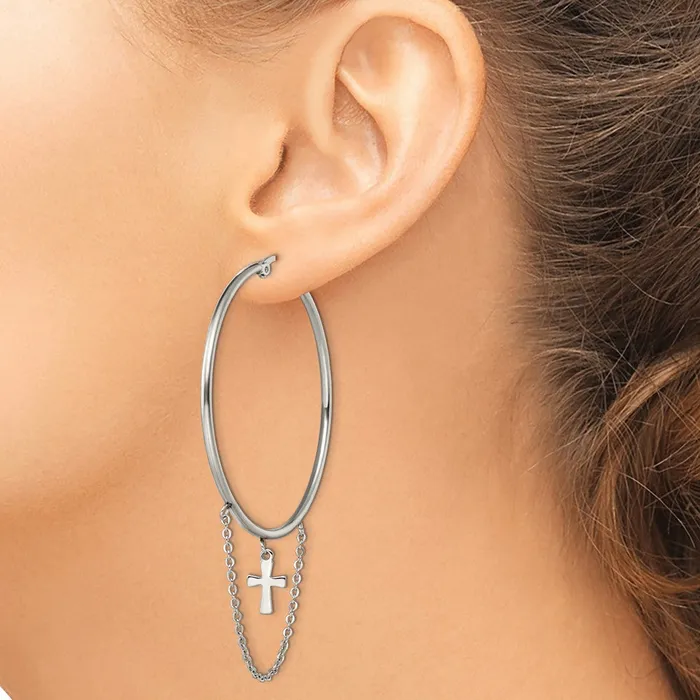 TreasureFineJewelers Earrings Stainless Steel Polished Chain and Cross Dangle Hoop Earrings