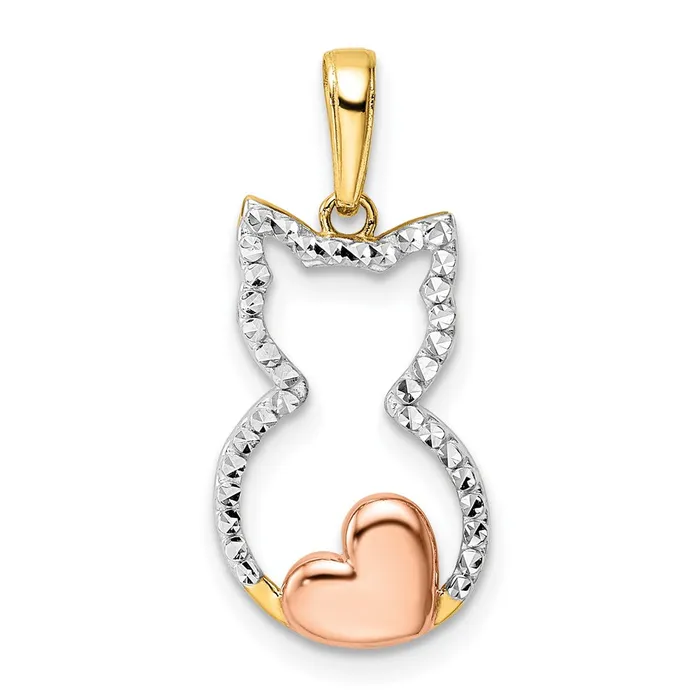TreasureFineJewelers Necklaces 14k wWhite and Rose Rhodium Diamondcut Cat w Heart Pendant TreasureFineJewelers Necklaces 14k wWhite and Rose Rhodium Diamondcut Cat w Heart Pendant