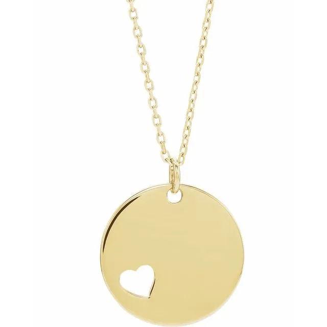 TreasureFineJewelers Necklaces 14K Yellow Pierced Heart Engravable Disc 1618 Necklace TreasureFineJewelers Necklaces 14K Yellow Pierced Heart Engravable Disc 1618 Necklace
