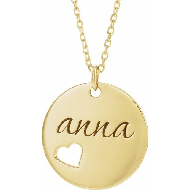 TreasureFineJewelers Necklaces 14K Yellow Pierced Heart Engravable Disc 1618 Necklace