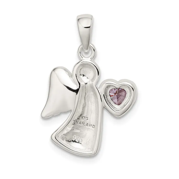 TreasureFineJewelers Necklaces Sterling Silver Angel wLight Purple CZ Heart Pendant