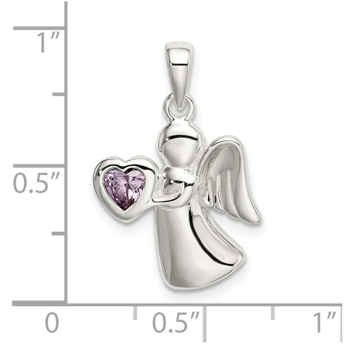 TreasureFineJewelers Necklaces Sterling Silver Angel wLight Purple CZ Heart Pendant