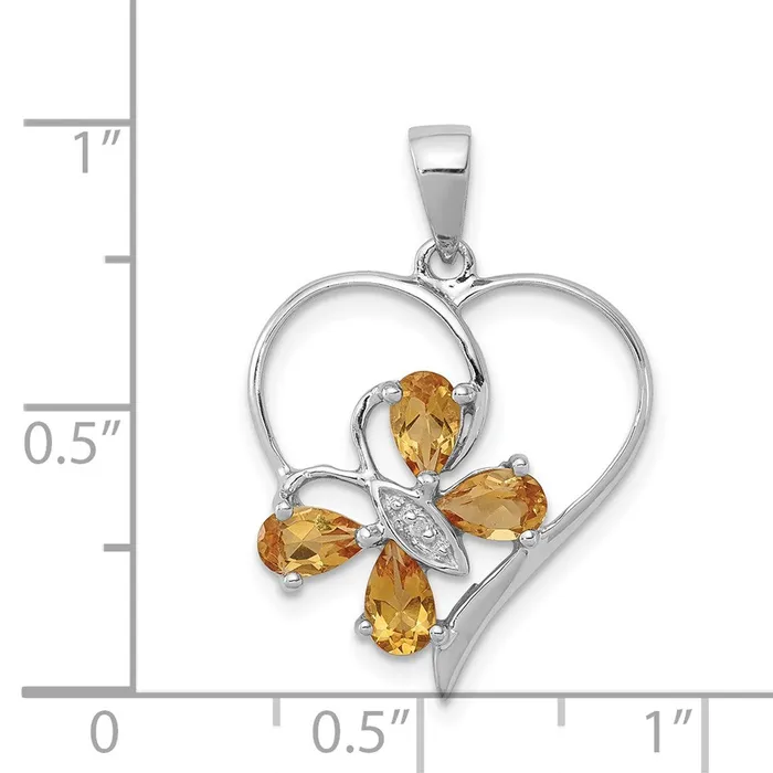 TreasureFineJewelers Necklaces Sterling Silver Rhodium Citrine Diamond Butterfly Heart Pendant