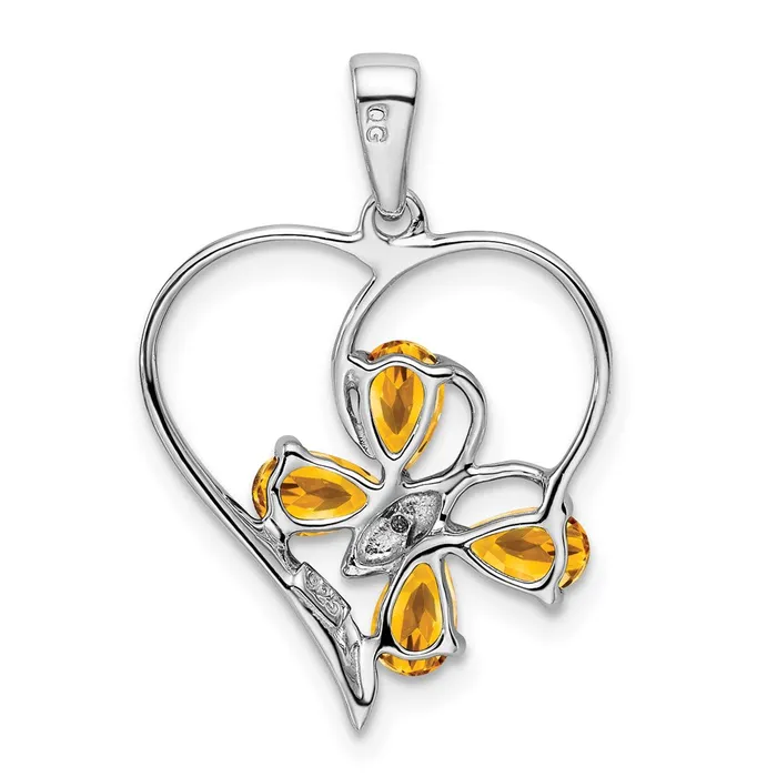 TreasureFineJewelers Necklaces Sterling Silver Rhodium Citrine Diamond Butterfly Heart Pendant