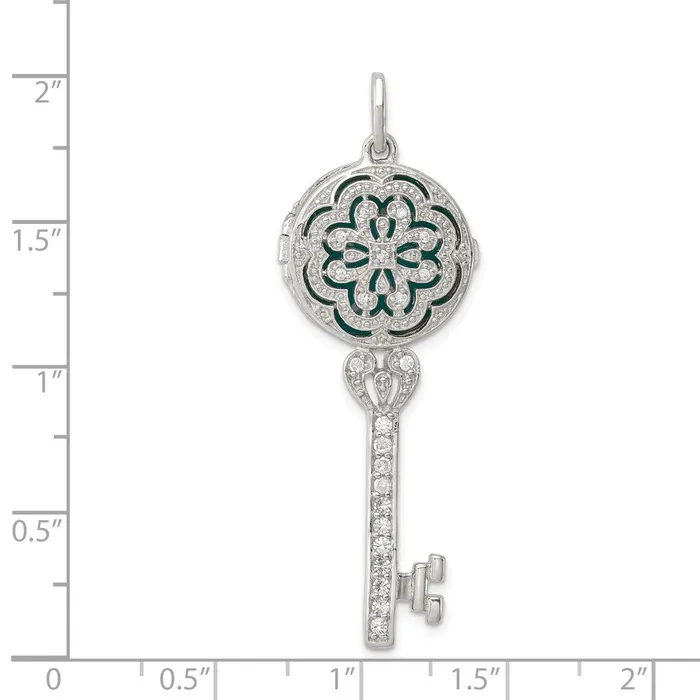 TreasureFineJewelers Necklaces Sterling Silver Rhodiumplated CZ Filigree Enameled Top Key Locket Pendant