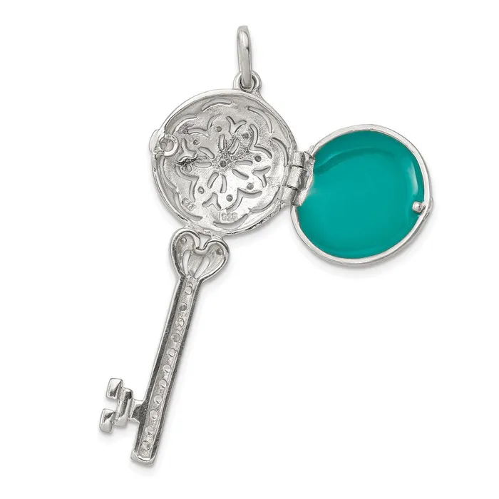 TreasureFineJewelers Necklaces Sterling Silver Rhodiumplated CZ Filigree Enameled Top Key Locket Pendant