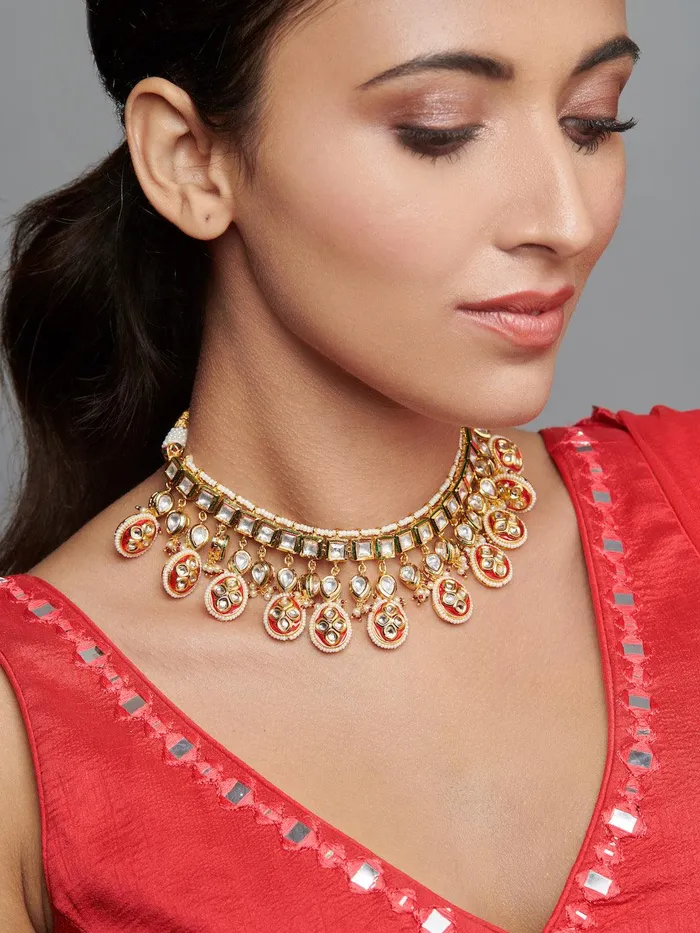 Curio Cottage Bridal Kundan Necklace With Red Enamel Droplets Necklaces
