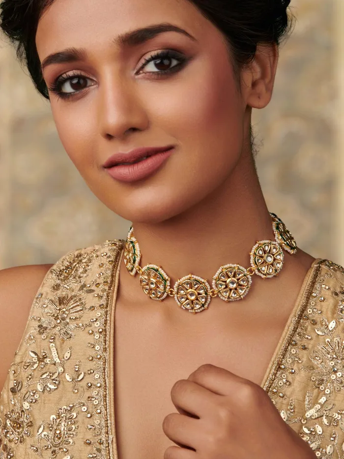 Curio Cottage Necklaces 18 KT Gold White Kundan Petal Choker Necklace