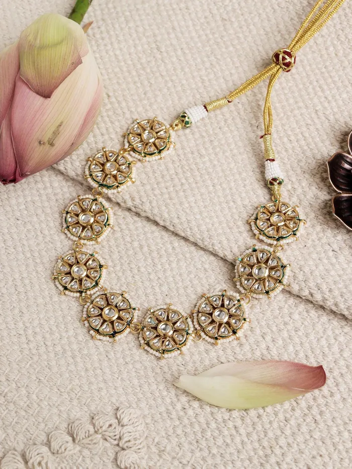 Curio Cottage Necklaces 18 KT Gold White Kundan Petal Choker Necklace