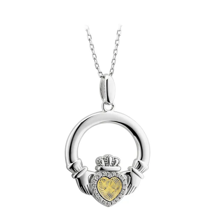 Celtic Collections Necklaces Silver Moving Gold Heart Claddagh Pendant