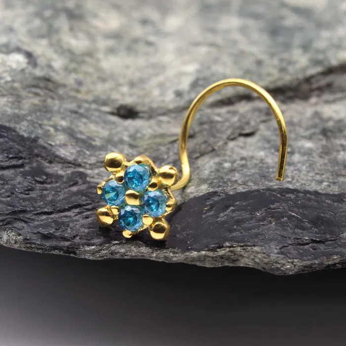Karizma Jewels Earrings Ethnic 14K Real Gold Blue CZ Corkscrew Nose Stud 24g