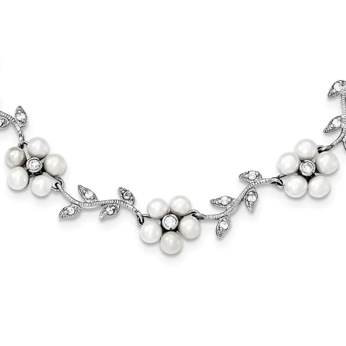 Necklaces Sterling Silver Rhodium FW Cultured Pearl and CZ Floral NecklaceWBCQG180516 WB Choice Jewelry Necklaces Sterling Silver Rhodium FW Cultured Pearl and CZ Floral NecklaceWBCQG180516 WB Choice Jewelry