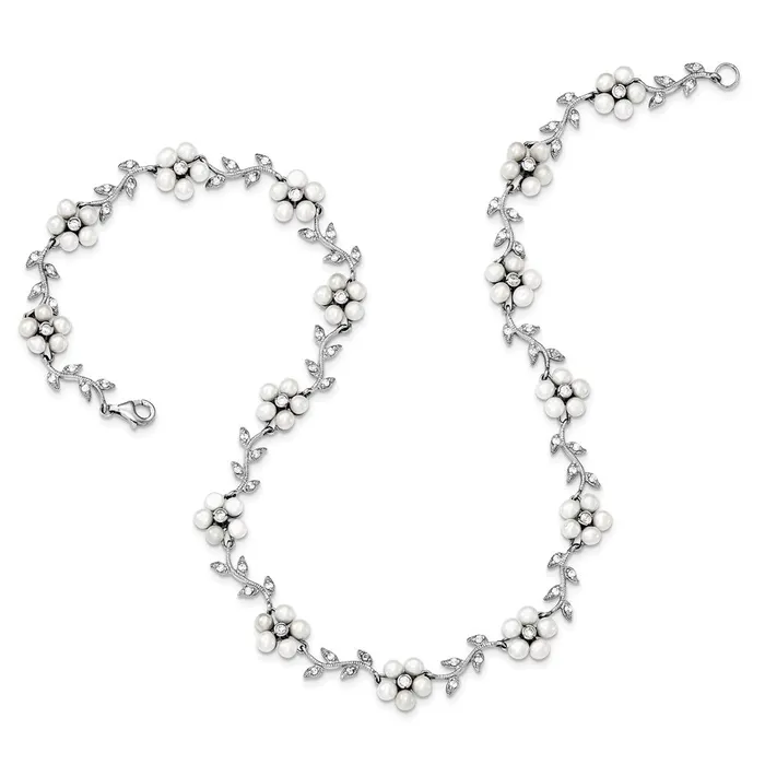 Necklaces Sterling Silver Rhodium FW Cultured Pearl and CZ Floral NecklaceWBCQG180516 WB Choice Jewelry Necklaces Sterling Silver Rhodium FW Cultured Pearl and CZ Floral NecklaceWBCQG180516 WB Choice Jewelry