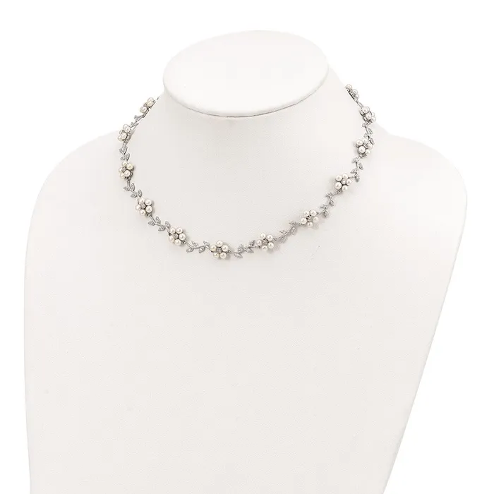 Necklaces Sterling Silver Rhodium FW Cultured Pearl and CZ Floral NecklaceWBCQG180516 WB Choice Jewelry Necklaces Sterling Silver Rhodium FW Cultured Pearl and CZ Floral NecklaceWBCQG180516 WB Choice Jewelry